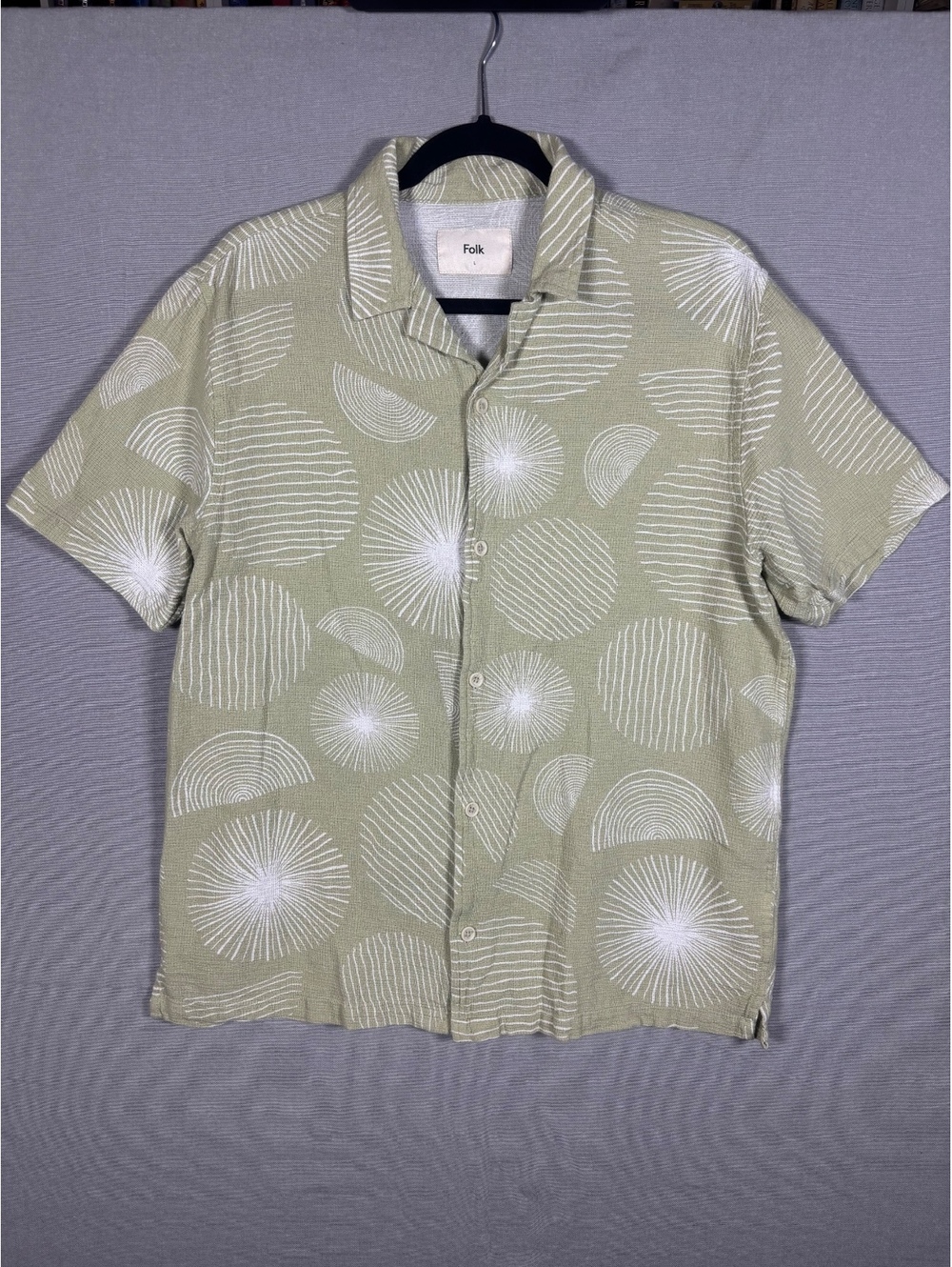 Folk Clothing Mens Large Green Sunburst Print Textured Cotton Camp Collar Shirt